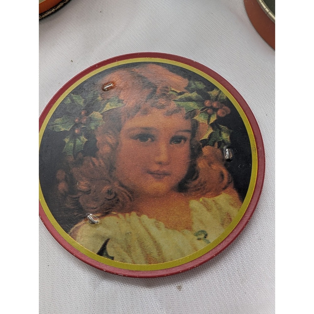 Vintage Round Metal & Cork-Backed Coaster Set, 6pc Portrait Design w/ Tin - Picture 10 of 11